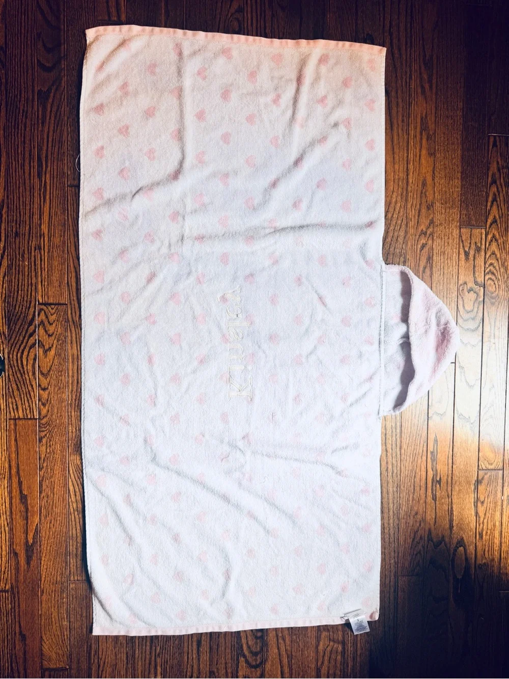 Pottery Barn Kids Pink Hooded Towel with White Hearts “Kinsley” embroidered